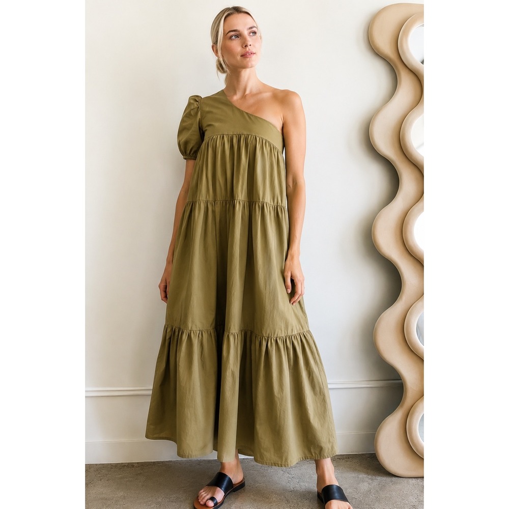 Things Between M Olive One Shoulder Tiered Maxi Dress Puff Sleeve Boho Prairie